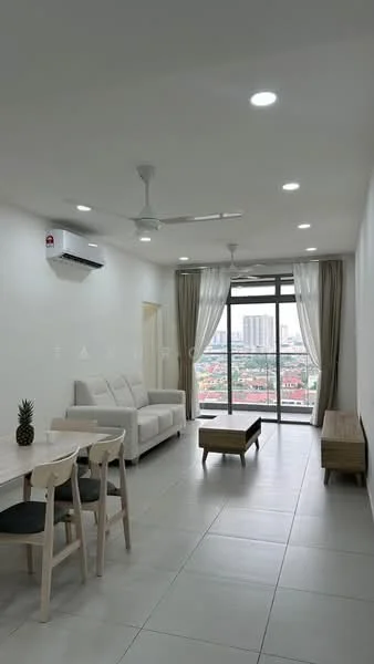 Living features: 3-seater fabric sofa in white, wooden coffee table, dining table with 4 chairs, floor-to-ceiling windows, sheer curtains, wall-mounted split AC, recessed LED downlights, light-colored tiled flooring, decorative wall, ceiling fan; style: modern; view: city.