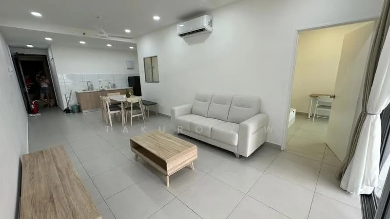 Living features: 3-seater fabric sofa in light grey, wooden coffee table, dining table for 4 with wooden legs, floor-to-ceiling windows, white painted walls, tile flooring, wall-mounted split AC, ceiling fan, recessed downlights; style: modern. Kitchen features: kitchen cabinetry with wooden finish, stainless-steel sink, built-in oven, freestanding refrigerator, ceramic tile backsplash, countertop space, open shelving; style: modern. Room features: doorway leading to another room.