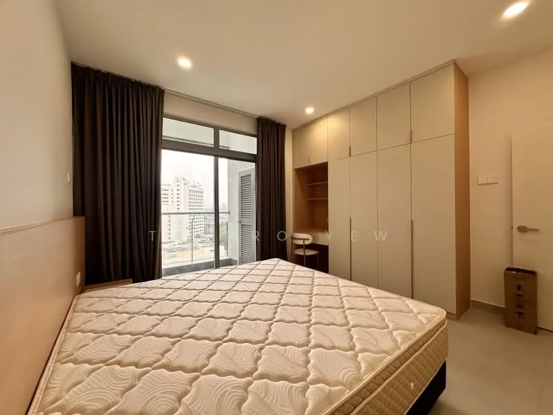 Bedroom features: queen-size bed, upholstered headboard, built-in wardrobe with sliding doors, floor-to-ceiling windows, curtains, wooden flooring, nightstand, study desk, wall-mounted shelf; style: modern; view: city.