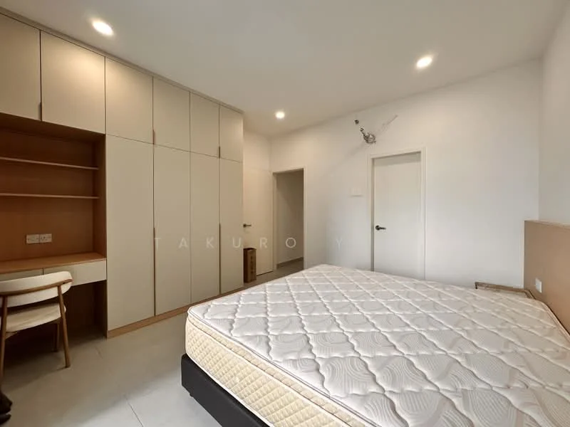 Bedroom features: queen-size bed, built-in wardrobe with sliding doors, study desk with chair, white painted walls, recessed downlights, tile flooring, door to hallway, neutral color scheme; style: modern.