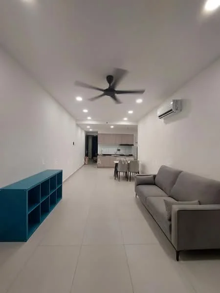 Living features: grey fabric sofa, 4-seater dining table, blue open shelving unit, wall-mounted split AC, recessed LED downlights, ceiling fan, white painted walls, light-colored tile flooring; style: modern.