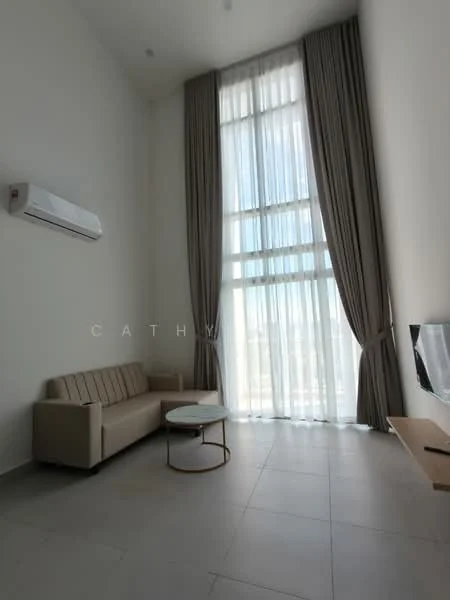 Living features: 3-seater fabric sofa in beige, round coffee table with gold base, floor-to-ceiling windows, sheer curtains, wall-mounted TV, 1 wall-mounted split AC, light grey tiled flooring, high ceiling, neutral painted walls; style: modern; view: city.