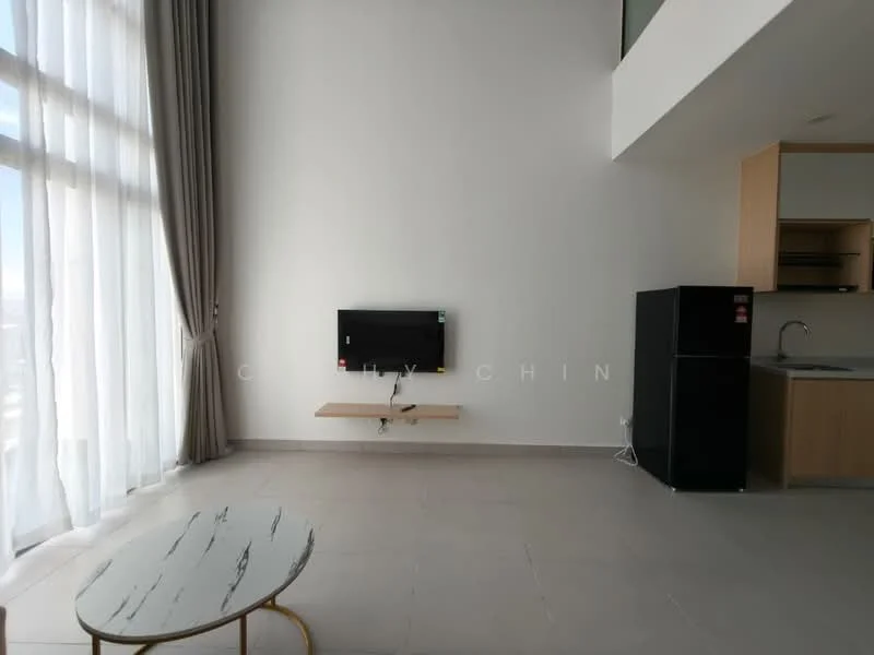 Living features: floor-to-ceiling windows, grey tiled flooring, white painted walls, wall-mounted TV, floating TV console, black refrigerator, kitchenette with countertop, curtains, coffee table with marble top, open layout; style: modern; view: city.