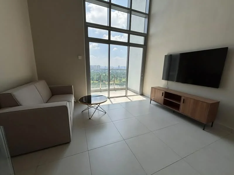 Living features: floor-to-ceiling windows, grey fabric sofa, glass coffee table, wooden TV console, wall-mounted TV, white painted walls, tile flooring, natural light from windows, city view from windows; style: modern; view: city.