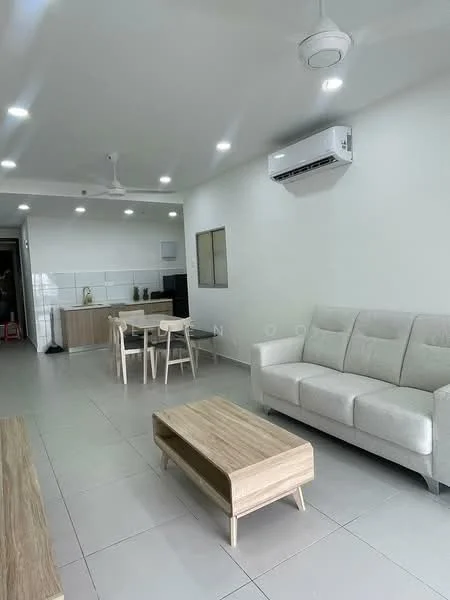 Living features: light grey fabric sofa, wooden coffee table, white painted walls, recessed LED downlights, 5-blade ceiling fan, wall-mounted split AC, large floor tiles, open-plan layout with dining area, wooden dining table with chairs, kitchen area with cabinetry; style: modern.