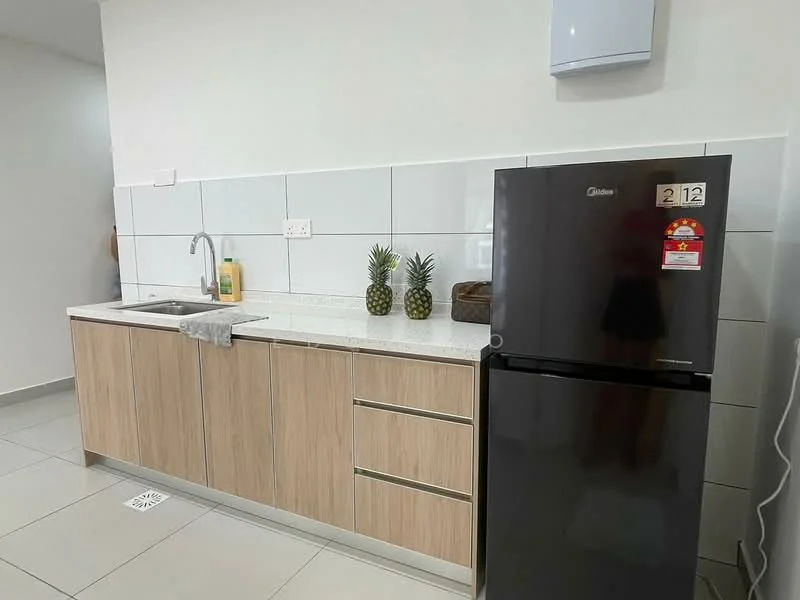 Kitchen features: single-bowl stainless-steel sink, chrome pull-down faucet, granite countertop, light wood cabinetry, 3 drawers, 2-door fridge in black, white tiled backsplash, grey ceramic tile flooring, wall-mounted extractor fan, decorative items on countertop; style: modern.