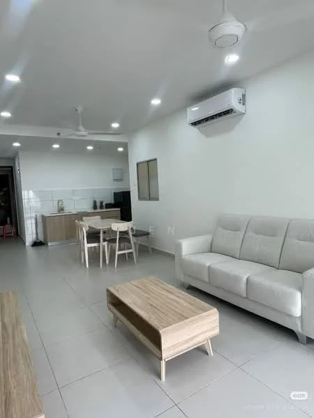 Living features: white painted walls, grey tiled flooring, 5-blade ceiling fan with light, wall-mounted split AC, 3-seater fabric sofa in white, wooden coffee table, dining table with 4 chairs, kitchenette area with cabinetry, recessed downlights; style: modern.