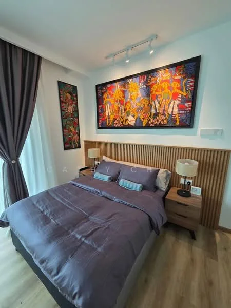 Bedroom features: queen-size bed with grey bedding, upholstered headboard, two bedside tables, table lamp on bedside table, wall-mounted artwork with colorful design, wood paneling behind the bed, floor-to-ceiling window with sheer curtains, laminate flooring, recessed ceiling lights; style: modern.