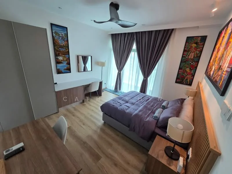 Bedroom features: king-size bed with grey bedding, upholstered headboard, 2 bedside lamps, wooden bedside tables, study desk with chair, wall-mounted artwork, floor-to-ceiling windows with sheer curtains, wooden flooring, 5-blade ceiling fan, dressing table with mirror; style: modern.