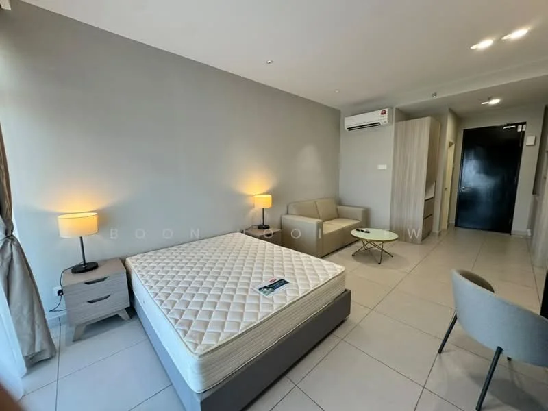 Bedroom features: queen-size bed, upholstered headboard, 2 bedside lamps, sofa, coffee table, wall-mounted split AC, built-in wardrobe, tile flooring, grey painted walls, recessed downlights; style: modern.