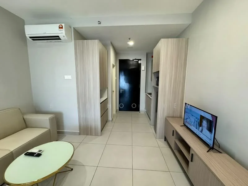Living features: cream painted walls, tile flooring, 1 wall-mounted split AC, 3-seater fabric sofa in beige, coffee table, TV console, wall-mounted TV, built-in cabinets, door to hallway, light switch, decorative wall, neutral color scheme; style: modern.