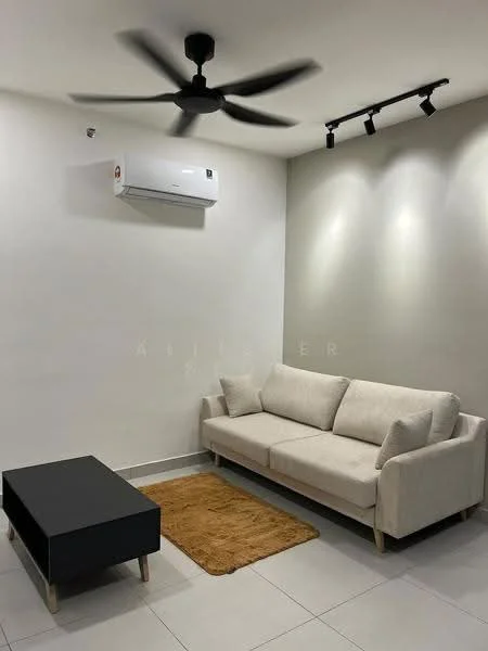 Living features: 3-seater fabric sofa in cream, black coffee table, area rug in tan, wall-mounted split AC, recessed LED downlights, ceiling fan, white painted walls, tile flooring; style: modern.