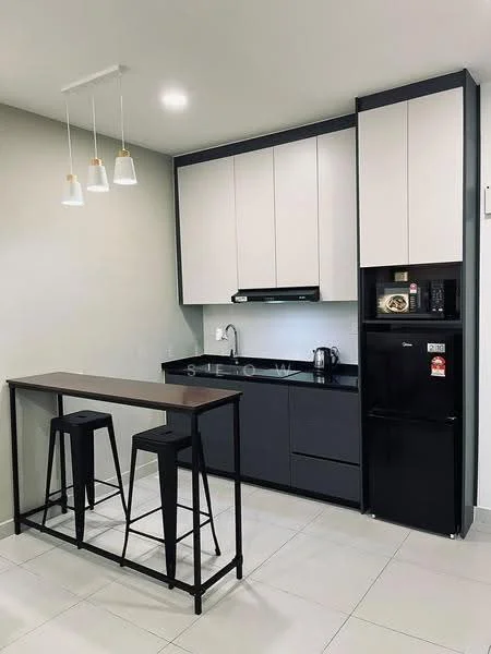 Kitchen features: black and white cabinetry, black countertop, stainless-steel kettle, black fridge, built-in oven, microwave, 3 pendant lights, bar counter with stools, ceramic tile flooring, white walls, recessed lighting, single-bowl stainless-steel sink, chrome pull-down faucet; style: modern.