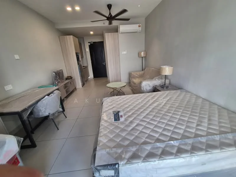 Living features: grey painted walls, tile flooring, 5-blade ceiling fan, sofa covered in plastic, glass coffee table, 2 bedside lamps, dining table with 4 chairs covered in plastic, air conditioning unit, built-in wardrobe, queen-size bed with mattress, window with no visible treatment; style: modern.