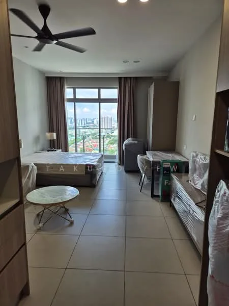 Living features: floor-to-ceiling windows, city view, light grey walls, recessed downlights, 5-blade ceiling fan, light wood cabinetry, sofa, coffee table, laminate flooring, curtains, decorative wall art; style: modern; view: city.
