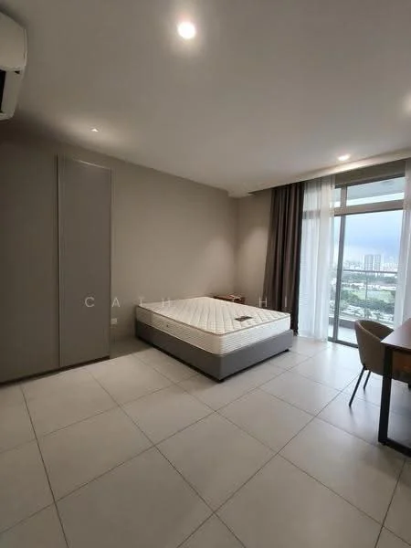 Bedroom features: queen-size bed with mattress, floor-to-ceiling windows, curtains, light-colored walls, tile flooring, built-in wardrobe, air conditioning unit, desk, chair; style: modern; view: city.