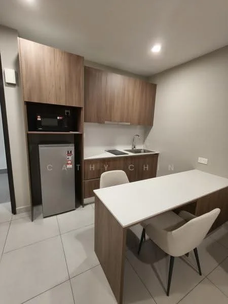Kitchen features: wood cabinetry, white countertop, single-bowl stainless-steel sink, chrome pull-down faucet, built-in fridge, tile flooring, recessed downlights, dining table for two, upholstered dining chairs; style: modern.