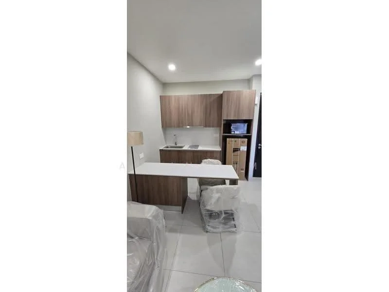 Kitchen features: white countertop, wood cabinetry, single-bowl stainless-steel sink, chrome pull-down faucet, built-in refrigerator, stainless-steel appliances, open shelving, tile flooring, recessed downlights, kitchen island with seating, modern design; style: modern.