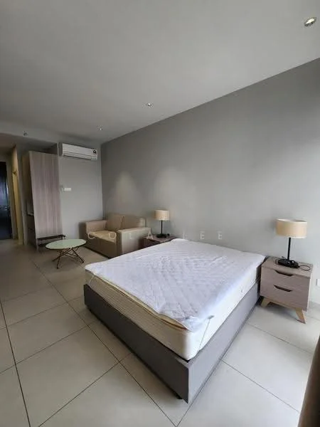 Bedroom features: queen-size bed with mattress, light grey painted walls, tile flooring, 2 bedside tables with lamps, sofa chair in beige, round glass coffee table, wall-mounted air conditioning unit, recessed ceiling lights; style: modern.