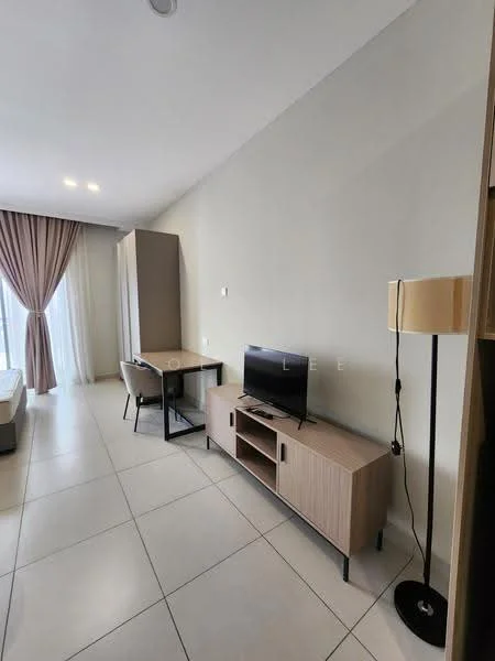 Living features: light grey painted walls, white ceiling, large floor-to-ceiling windows with sheer curtains, tile flooring, sofa, coffee table, TV console in light wood, wall-mounted TV, desk with chair, lamp, decorative items on console; style: modern.