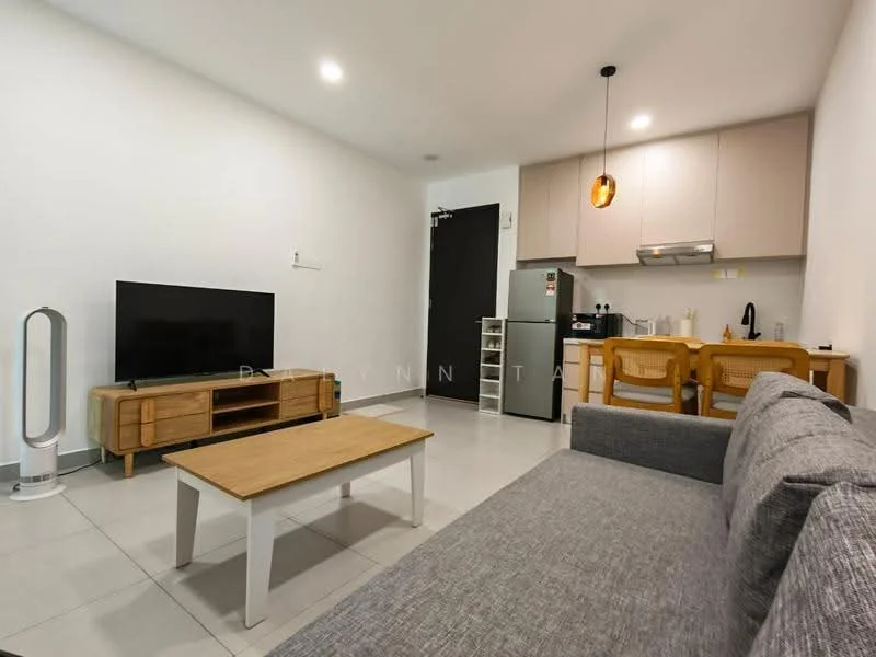 Living features: grey fabric sofa, wooden coffee table, TV console in light wood, wall-mounted TV, refrigerator, kitchen cabinetry in light colour, 2 wooden dining chairs, pendant light fixture, white painted walls, tile flooring, air conditioning unit, floor lamp; style: modern.