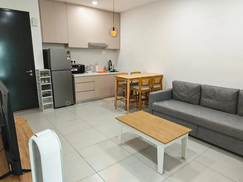 Living features: grey fabric sofa, wood coffee table, TV console, wall-mounted TV, recessed downlights, white painted walls, ceramic tile flooring, open-plan layout, dining table with four wooden chairs, stainless-steel fridge, built-in kitchen cabinets, kitchen countertop, kitchen sink, kitchen appliances visible; style: modern.