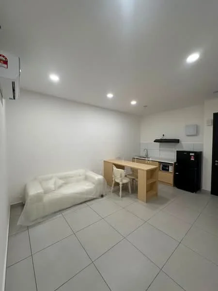 Living features: white painted walls, tile flooring, sofa covered with plastic, kitchen island with wooden countertop, stainless-steel fridge, built-in oven, black range hood, single-bowl stainless-steel sink, chrome pull-down faucet, wall-mounted split AC, recessed LED downlights; style: modern.