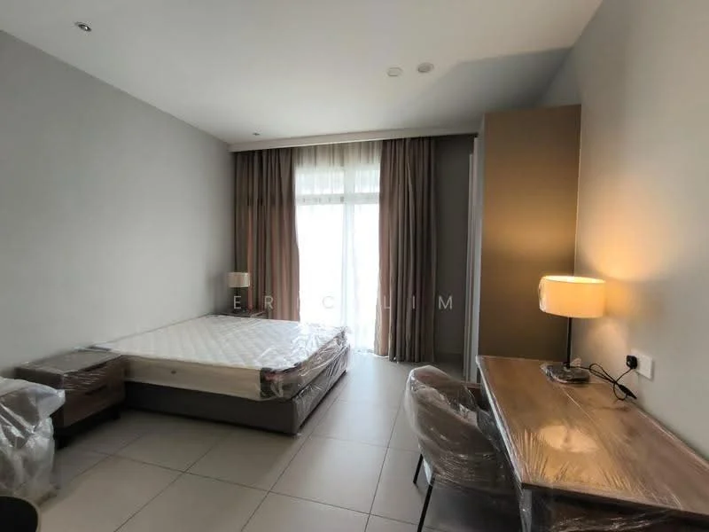 Bedroom features: queen-size bed, wooden bed frame, two bedside tables, desk with chair, table lamp, floor-to-ceiling windows, curtains, light-colored walls, tile flooring, built-in wardrobe; style: modern.
