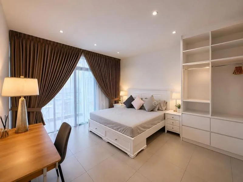 Bedroom features: queen-size bed with white frame, upholstered headboard, two bedside lamps, built-in wardrobe with sliding doors, study desk with wooden surface, chair, floor-to-ceiling windows, sheer curtains, dark brown drapes, tile flooring, recessed downlights; style: modern; view: city.