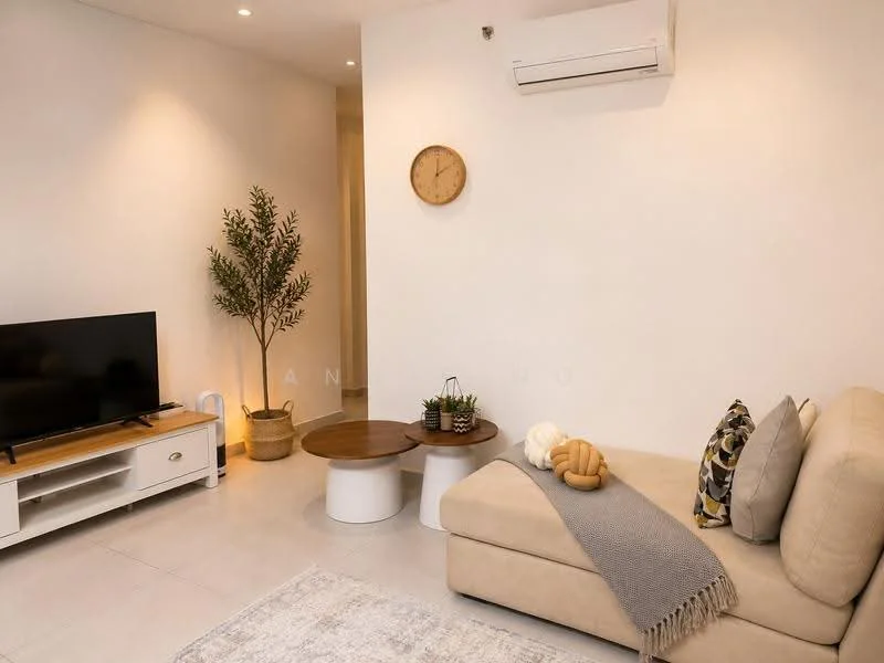 Living features: beige L-shape sectional sofa, white coffee table, wooden coffee table, wall-mounted TV, decorative wall clock, indoor plant in pot, area rug, throw pillows, air conditioning unit, light-colored walls, recessed lighting; style: modern.