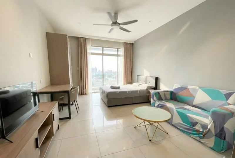 Living features: 3-seater fabric sofa with geometric pattern, coffee table with round top, wall-mounted TV, TV console, desk with chair, floor-to-ceiling windows, curtains, ceiling fan with light, tile flooring, neutral painted walls, bed with white bedding, decorative wall art; style: modern; view: city.