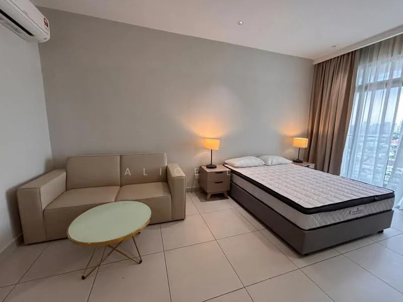 Bedroom features: queen-size bed, upholstered headboard, 2 bedside lamps, sofa in cream fabric, round coffee table with glass top, floor-to-ceiling windows, curtains, tile flooring, wall-mounted split AC, light grey painted walls; style: modern; view: city.