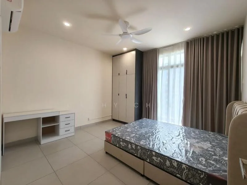 Bedroom features: queen-size bed, upholstered headboard, bedside lamps, built-in wardrobe with sliding doors, study desk with drawers, floor-to-ceiling windows, sheer curtains, recessed downlights, ceiling fan, grey tiled flooring, cream painted walls; style: modern.