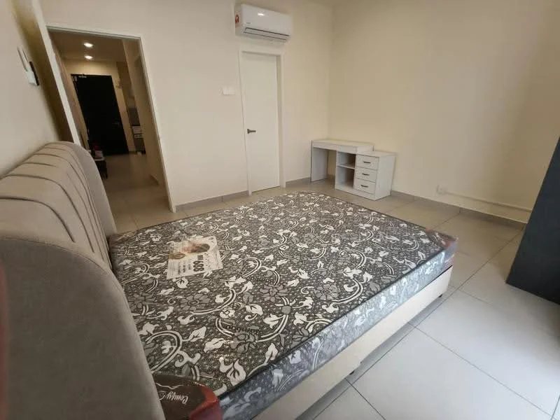 Bedroom features: queen-size bed, upholstered headboard, bedside table with drawers, wall-mounted air conditioning unit, light-colored painted walls, grey tiled flooring, desk with drawers, door to hallway; style: modern.