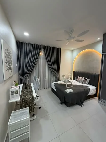 Bedroom features: king-size bed with upholstered headboard, grey bedding, white pillows, 2 bedside lamps, study desk with chair, white side table, floor-to-ceiling curtains in grey, recessed lighting, ceiling fan, decorative wall art, white tiled flooring, accent wall with backlighting; style: modern.