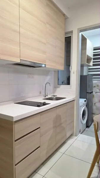 Kitchen features: light wood cabinetry, white countertop, single-bowl stainless-steel sink, chrome pull-down faucet, built-in cooktop, white tiled backsplash, white walls, ceramic tile flooring, recessed downlights, window above sink, washing machine, fridge, open shelving; style: modern.