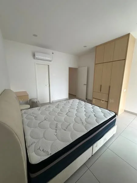 Bedroom features: queen-size bed, upholstered headboard, built-in wardrobe with sliding doors, wall-mounted air conditioning unit, light grey tiled flooring, white painted walls, single bedside table, door leading to hallway; style: modern.