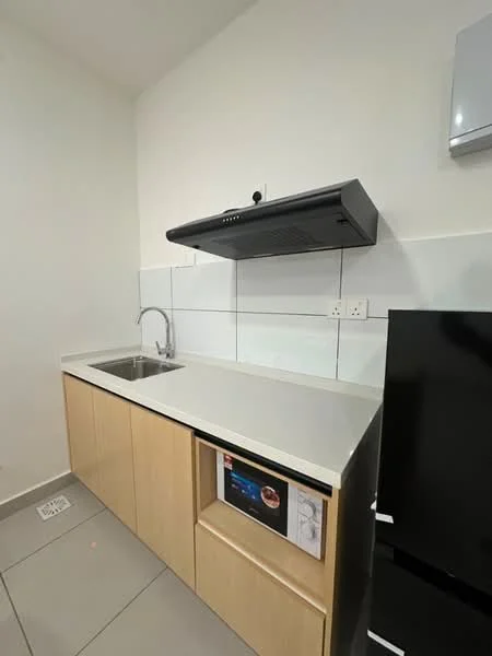Kitchen features: single-bowl stainless-steel sink, chrome pull-down faucet, white quartz countertop, wood cabinetry with light finish, built-in microwave, black refrigerator, exhaust hood, white tiled backsplash, grey tile flooring; style: modern.