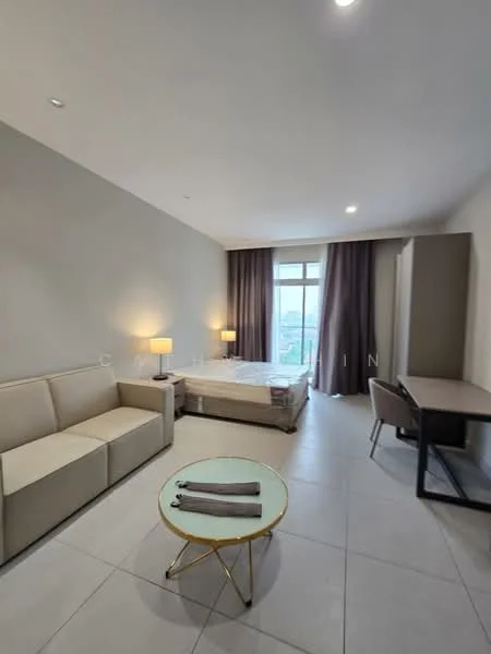 Bedroom features: queen-size bed, upholstered headboard, 2 bedside lamps, sofa in beige fabric, glass coffee table, study desk, chair, floor-to-ceiling windows, curtains in dark brown, light grey painted walls, tile flooring, recessed downlights; style: modern; view: city.