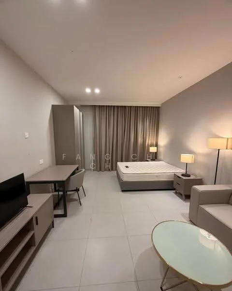 Bedroom features: queen-size bed, upholstered headboard, 2 bedside lamps, sofa, coffee table, TV console, wall-mounted TV, desk, chair, built-in wardrobe, curtains, recessed downlights, tile flooring, grey painted walls; style: modern.