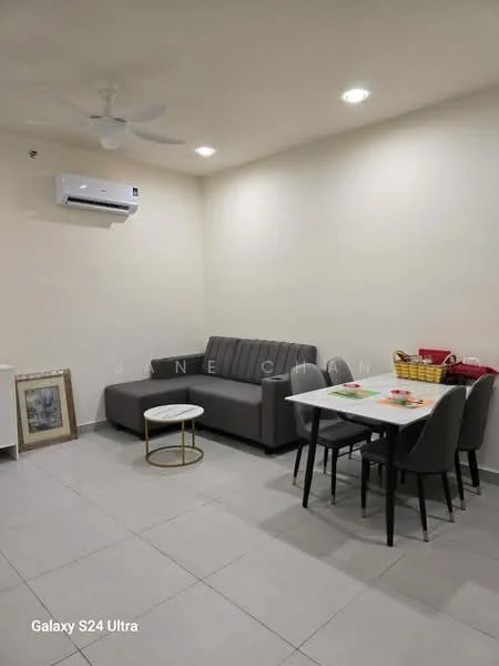 Living features: grey fabric sofa, round coffee table with gold base, 4-seater dining table, white tabletop dining table, black dining chairs, wall-mounted split AC, ceiling fan, light grey tiled flooring, white painted walls, framed artwork on wall; style: modern.