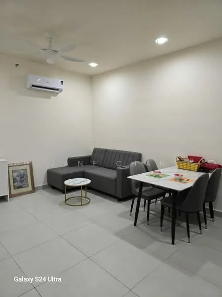 Living features: 3-seater fabric sofa in grey, round coffee table with gold base, 4-seater dining table, grey upholstered dining chairs, wall-mounted split AC, white painted walls, tile flooring, ceiling fan, decorative artwork in frame, colorful placemats on dining table; style: modern.