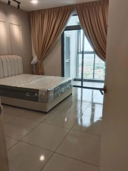 Bedroom features: queen-size bed with upholstered headboard, floor-to-ceiling windows, curtains in beige, glossy tile flooring, built-in wardrobe, neutral wall colour, sliding glass door to balcony, decorative wall paneling; style: modern; view: city.