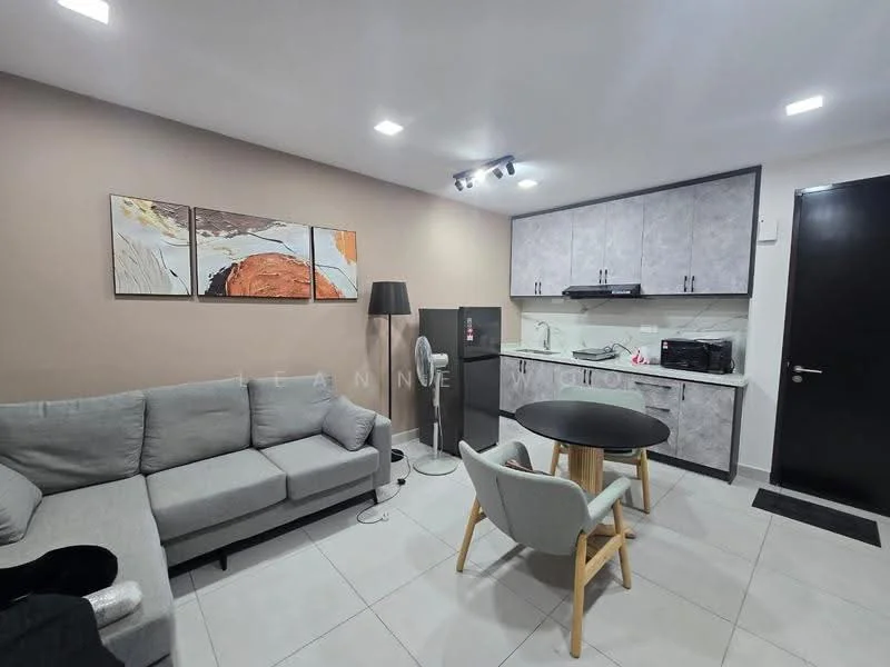 Living features: L-shape sectional sofa in grey, round dining table, 4 wooden dining chairs, black refrigerator, built-in kitchen cabinets in light grey, microwave, black countertop, white tiled backsplash, recessed LED downlights, wall-mounted artwork, light grey tiled flooring, floor lamp, black door; style: modern.