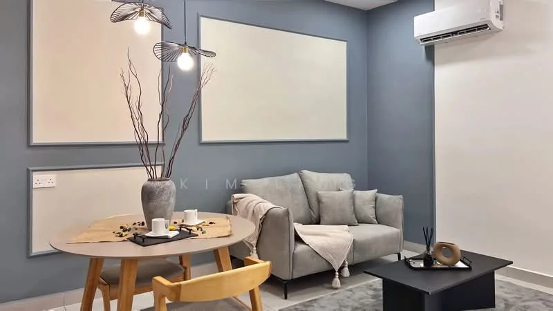 Living features: grey fabric sofa, round dining table, wooden dining chair, decorative vase with branches, table runner, two cups on the table, wall-mounted split AC, recessed lighting, light grey walls, dark grey accent wall, floor tiles, decorative object on the table; style: modern.