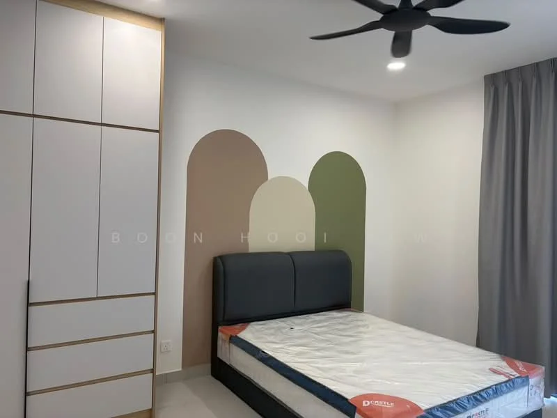 Bedroom features: queen-size bed, upholstered headboard, built-in wardrobe with white and wood finish, painted accent wall with arches in green and beige, light grey curtains, ceiling fan, tile flooring, neutral painted walls; style: modern.