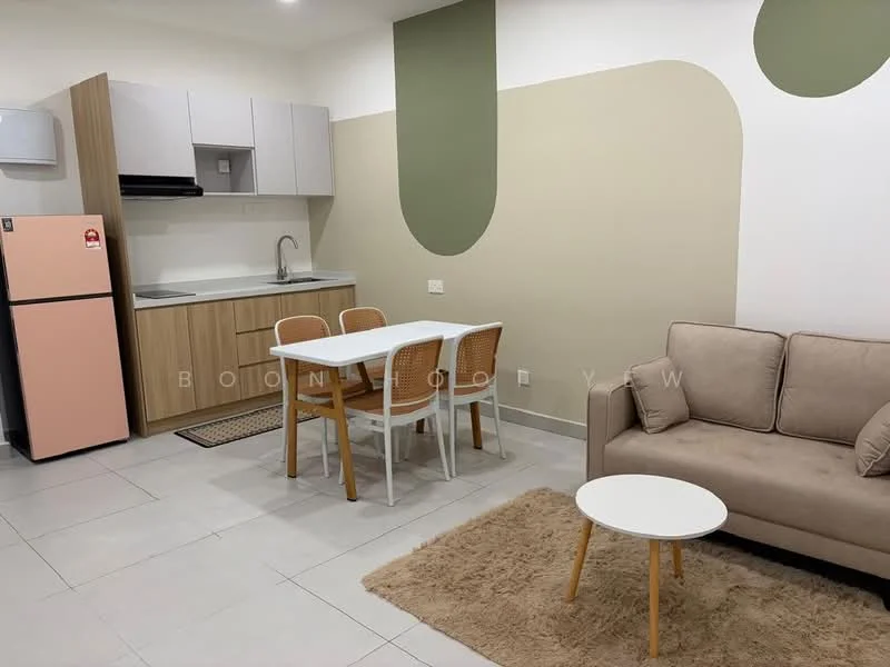 Living features: light grey walls, green accent wall, white ceiling, ceramic tile flooring, 3-seater beige fabric sofa, white coffee table with wooden legs, 6-seater dining table with wooden legs, 4 dining chairs with cane backs, stainless-steel sink, white cabinetry, pink fridge, kitchen countertop, kitchen backsplash, wall-mounted air conditioning unit; style: modern.