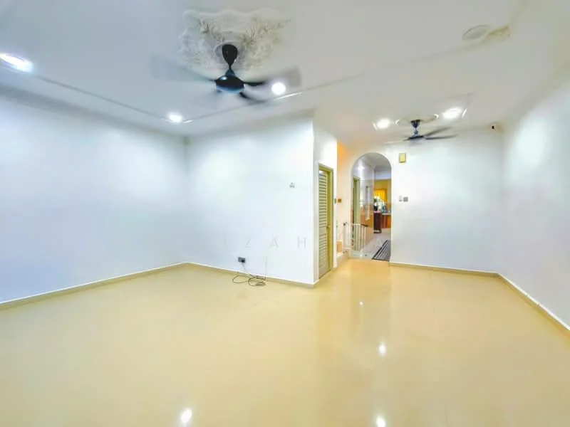 Living features: white painted walls, polished floor tiles, 2 ceiling fans, recessed downlights, doorway leading to hallway; style: modern.