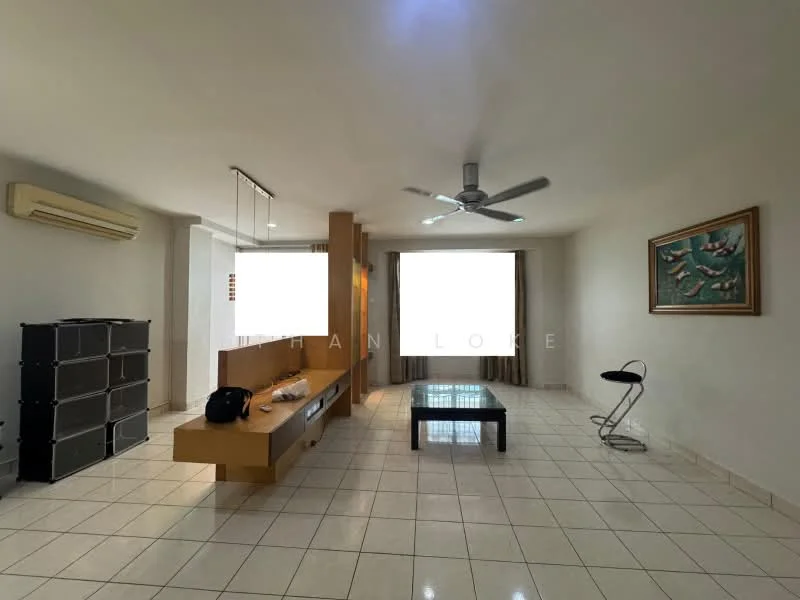 Living features: white painted walls, cream tiled flooring, 5-blade ceiling fan with light, floor-to-ceiling windows, sheer curtains, wooden feature wall, coffee table, TV console, decorative artwork, black folding chair; style: modern.