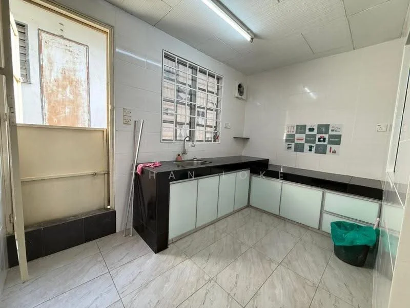 Kitchen features: black granite countertop, white cabinetry with glass panels, single-bowl stainless-steel sink, chrome pull-down faucet, wall-mounted air conditioning unit, tile backsplash with decorative patterns, ceramic tile flooring, window with metal grille, door leading to outdoor area; style: modern.